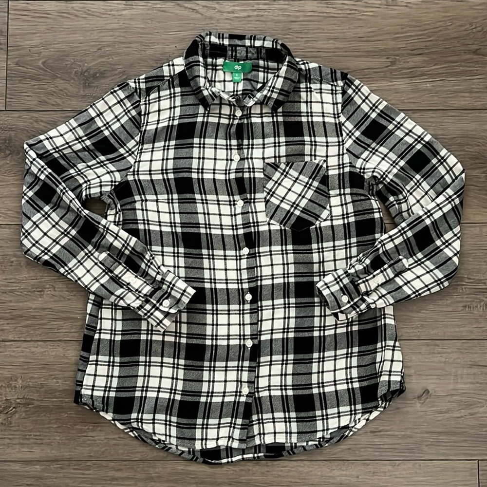 Dip Long Sleeve Black/White Stretchy Flannel Plaid Casual Button Up Shirt Size S